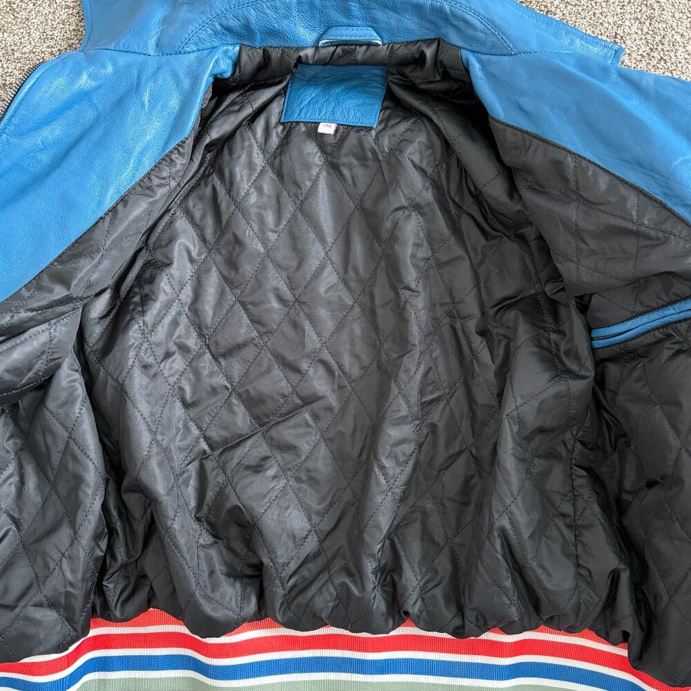 Evil Kristen Bouchard Blue Leather Retro Rainbow Aviator Jacket L/XL - Picture 12 of 16